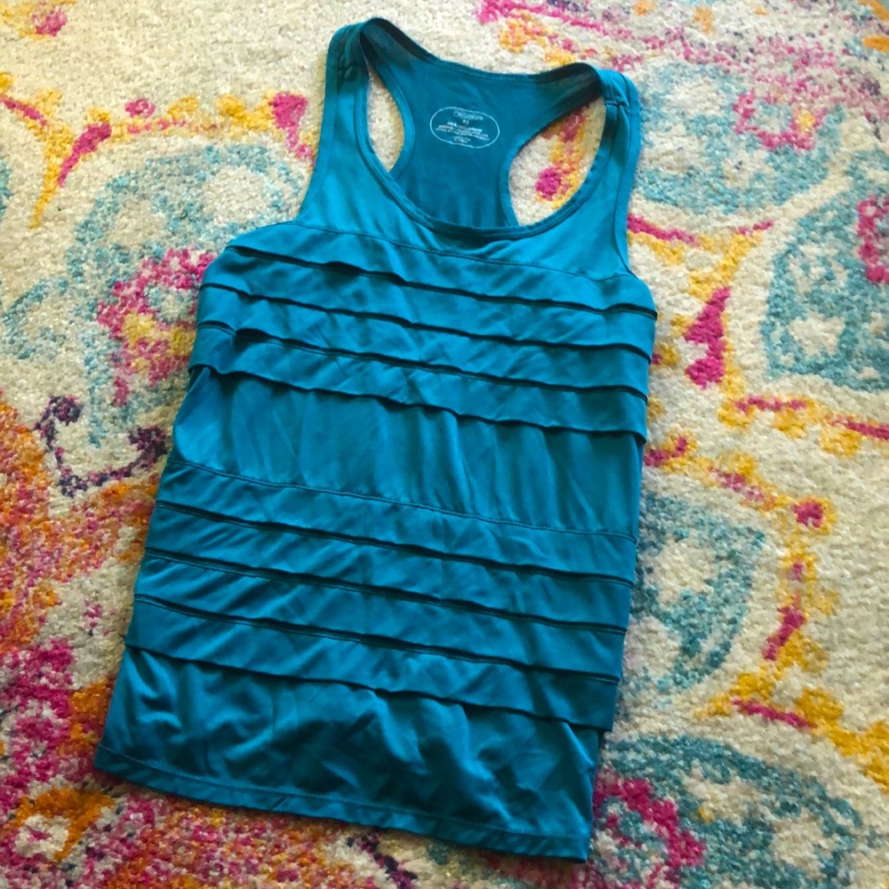 Oiselle ruffled sheer pleat tank top teal 6